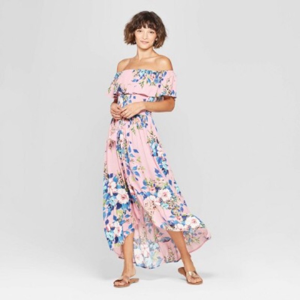Floral High Low Off Shoulder Dress